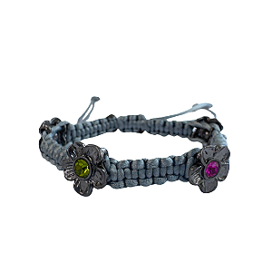 Pulseira Ajustável de Macramê Cinza com Flores Coloridas 884P