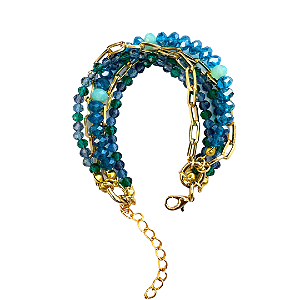 Pulseira 5 Voltas com Cristais Verde e Tons de Azul E Corrente Dourada  883P