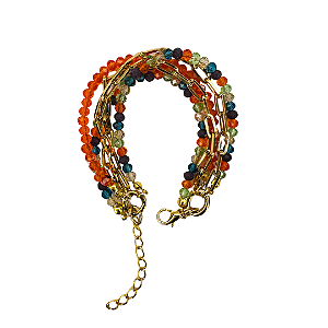 Pulseira 5 Voltas laranja, azul celeste, verde claro e roxo com Corrente Dourada 888P