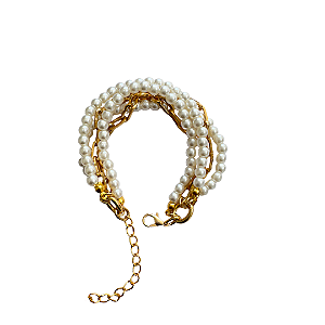 Pulseira 5 Voltas de Pérola Branca com Corrente Dourada Feminina 889P
