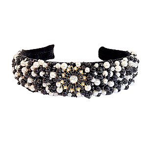 Tiara Bordadade Luxo Larga Preta com Pedrarias em Preto e Branco T480