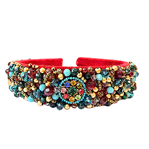 Tiara Bordada de Luxo Larga Veremelho com Pedrarias Colorida