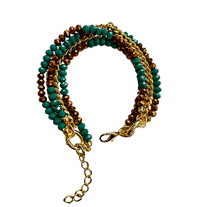 Pulseira de 5 Voltas com Cristais Cobre e Verde Jade e Correntes Douradas 902P