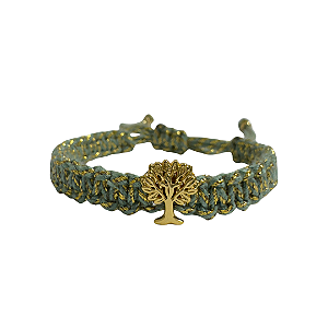 Pulseira de Macramê Verde e Dourado com Pingente Árvore da Vida 923P