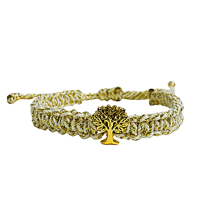 Pulseira de Macramê Bege e Dourado com Pingente Árvore da Vida 924P