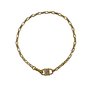 Colar Dourado com Pingente Cadeado Cristais Branco CL890