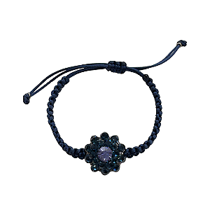Pulseira Ajustável de Macramê Azul Marinho com Pingente de Flor 921P