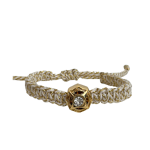 Pulseira de Macramê Bege e Dourado com Pingente Fé e Ponto de Luz 928P