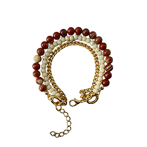 Pulseira 3 Voltas Dourada com Cristais Off-White e Pedra Natural Marrom 933P