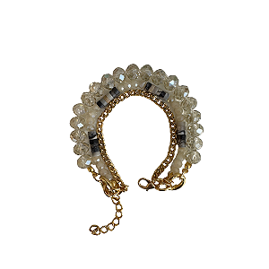Pulseira 3 Voltas Dourada com Cristais Off White e Pedras Naturais 935P