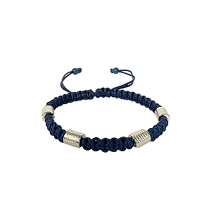 Pulseira Feminina Ajustável de Macramê Azul Marinho com Entremeios Prata 882P