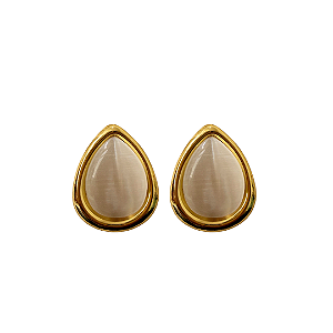 Brinco Médio Gota de Aço Dourado com Pedra Olho de Gato