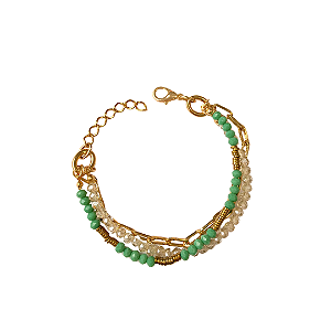 Pulseira 3 Voltas Cristais Turquesa Champagne e Corrente