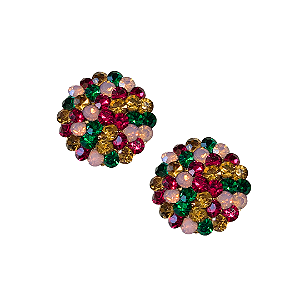 Brinco Pequeno Redondo Strass Colorido com Rosa e Verde