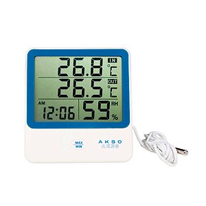 Termo-Higrômetro Digital Com Relógio E Sensor Externo AK28 Akso