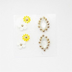 Adesivos de Unha Artesanal Flores Combinado Branco e Amarelo - Art61