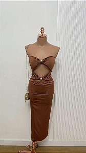 Vestido Marrom com Recortes e Detalhe Dourado