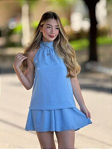 Macaquinho Saia Gola Alta Azul Claro