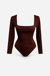 Body Marrom Manga Longa Decote Reto