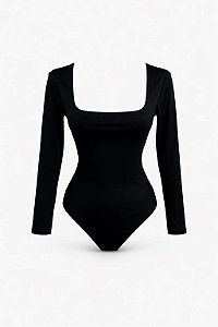 Body Preto Manga Longa Decote Reto