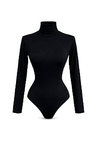Body Preto Gola Alta Manga Longa