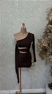 Vestido Curto Marrom Um Ombro com Amarração