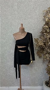 Vestido Curto Preto Um Ombro com Amarração