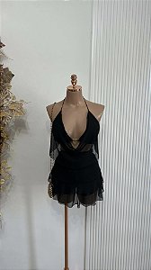 Conjunto Curto Preto Tule Decote Profundo com Detalhe Coração