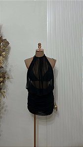 vestido Curto Preto Tule Gola Alta Drapeado