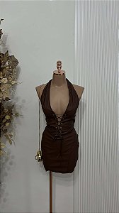 Vestido Curto Marrom Decote Profundo com Amarração Frontal
