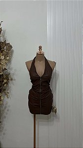Vestido Curto Marrom com Zíper Frontal