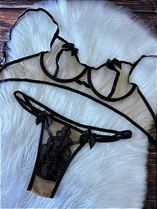 Conjunto Lingerie Tule e Renda Preto Feminino