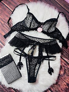 Conjunto Cinta de Tule Preto Sensual
