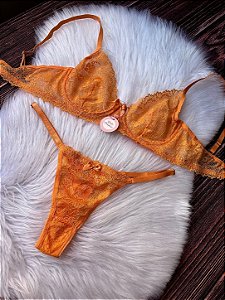 Conjunto Lingerie Renda Laranja