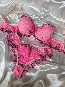 Conjunto Bojo Rendado Rosa Feminino
