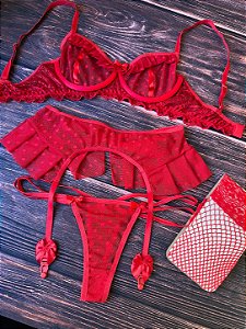 Conjunto Cinta de Tule Vermelho Sensual