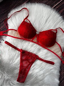 Conjunto Bojo Bordado Vermelho Sensual