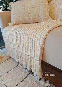 Manta de Sofá Decorativa Algodão Branco Cru Nobre 120 x 220