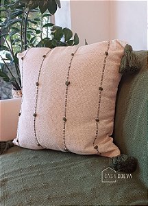 Almofada Artesanal Tassel Branco Verde Musgo