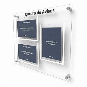Quadro de Aviso em Acrílico 3 folhas - 2 Horizontais e 1 Vertical A4