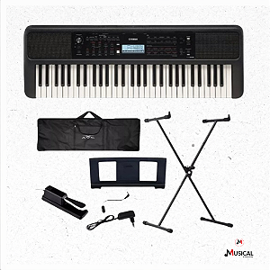 KIT TECLADO YAMAHA PSR E - 383 C/ CAPA SUPER LUXO, PEDAL E SUPORTE
