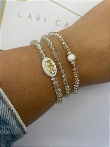 Trio Pulseiras Fé Cristais Nude Brilho