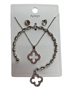 Kit Colar, Brinco e Bracelete Trevo Prata