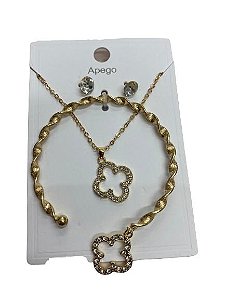 Kit Colar, Brinco e Bracelete Trevo Dourado
