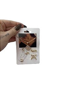 Kit Colar+Anel+Piercing Pressão Dourado N°3 - Não Há Trocas