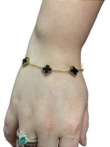 Pulseira Trevo Preta Dourada - Aço Inoxidável