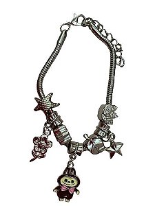 Pulseira Inspiração Pandora Prata Laubu Preto - NÃO HÁ TROCA