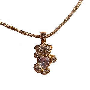Colar Urso Coração Rosa Cravejado - NÃO HÁ TROCA