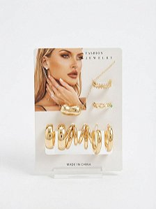 Kit 3 Pares De Brincos Dourado + 2 Anéis + Colar N511 - NÃO HÁ TROCA