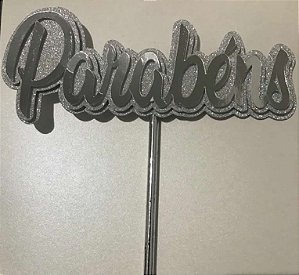 PARABÉNS PRATA FUNDO GLITTER 3D (TOPO DE BOLO)